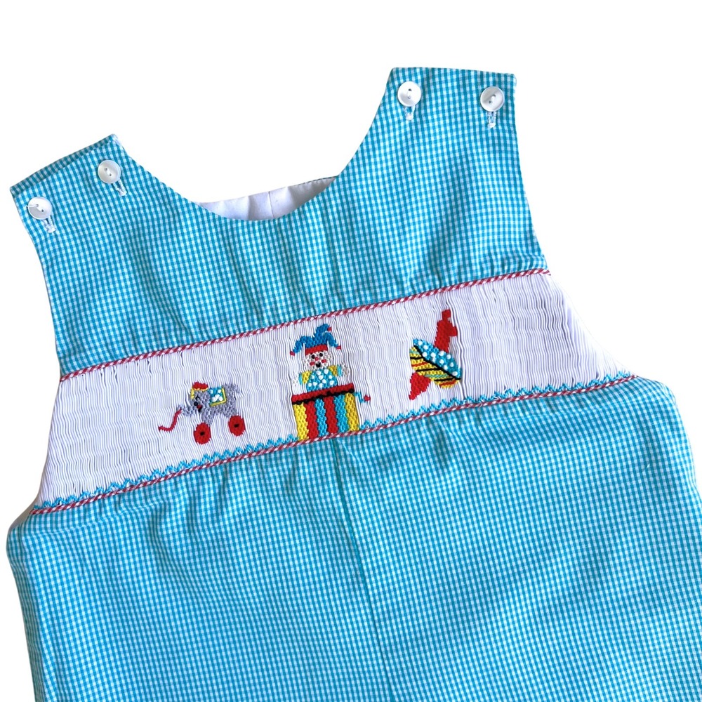 Southern Tots Smocked Boys Romper Size 2T Toddler Blue Gingham Circus Elephant